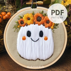 Floral Ghost Hand Embroidery Pattern, Ghost Embroidery Design, Halloween Embroidery, Fall Embroidery, Halloween Handmade, Embroidery PDF