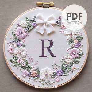 Patrón de bordado de letra R floral en PDF, diseño de bordado a mano de monograma floral, patrón de bordado de monograma, letra de boda DIY