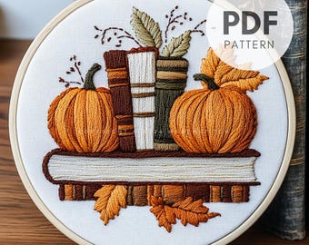 Patrón de bordado a mano de calabazas y libros, diseño de bordado de libros, diseño de bordado de otoño, decoración de otoño DIY, PDF de bordado a mano