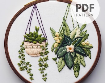Hanging Plants Embroidery Pattern: Botanical DIY Design (PDF Pattern for 4-8" Hoops)