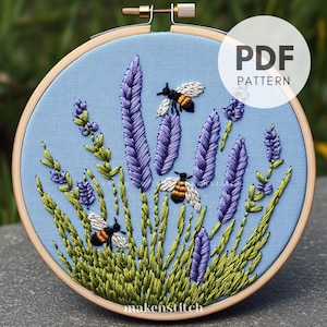 Lavender and Bees Hand Embroidery Pattern PDF, Bee Embroidery Design, Floral Garden DIY Hoop Art, Instant Download, Embroidery for Beginners