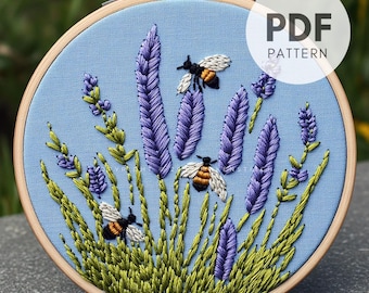 ラベンダーとミツバチの刺繍パターン - 手刺繍デザイン - 刺繍PDF