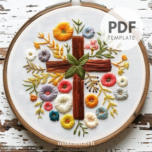 Floral Cross Hand Embroidery Pattern: Catholic Faith Design (PDF Pattern for 4-8" Hoop)
