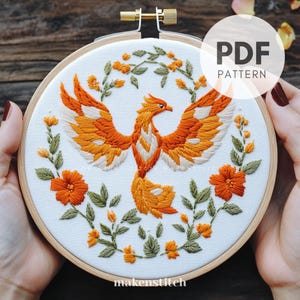 Phoenix Rising Hand Embroidery Pattern, Phoenix Embroidery Design, Bird Pattern, Floral Phoenix, Hand Embroidery PDF