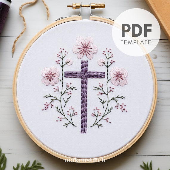 十字刺繍 花の十字架の手刺繍パターン：キリスト教の信仰DIY（PDFパターン