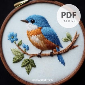 Bluebird Joy Hand Embroidery Pattern, Bird Hand Embroidery Design, Spring Bird, Blue Bird Embroidery PDF, Digital Pattern