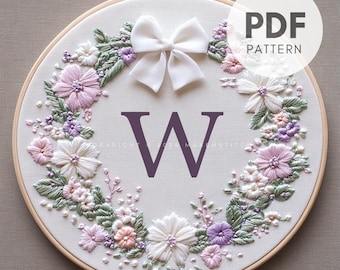 Floral Letter W Embroidery Pattern: Flower Monogram Design (PDF Pattern)