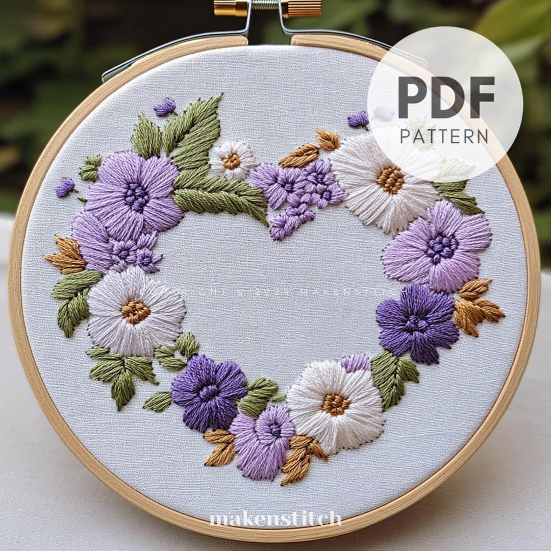 Floral Heart Hand Embroidery Pattern: Purple & White Flowers (PDF ...