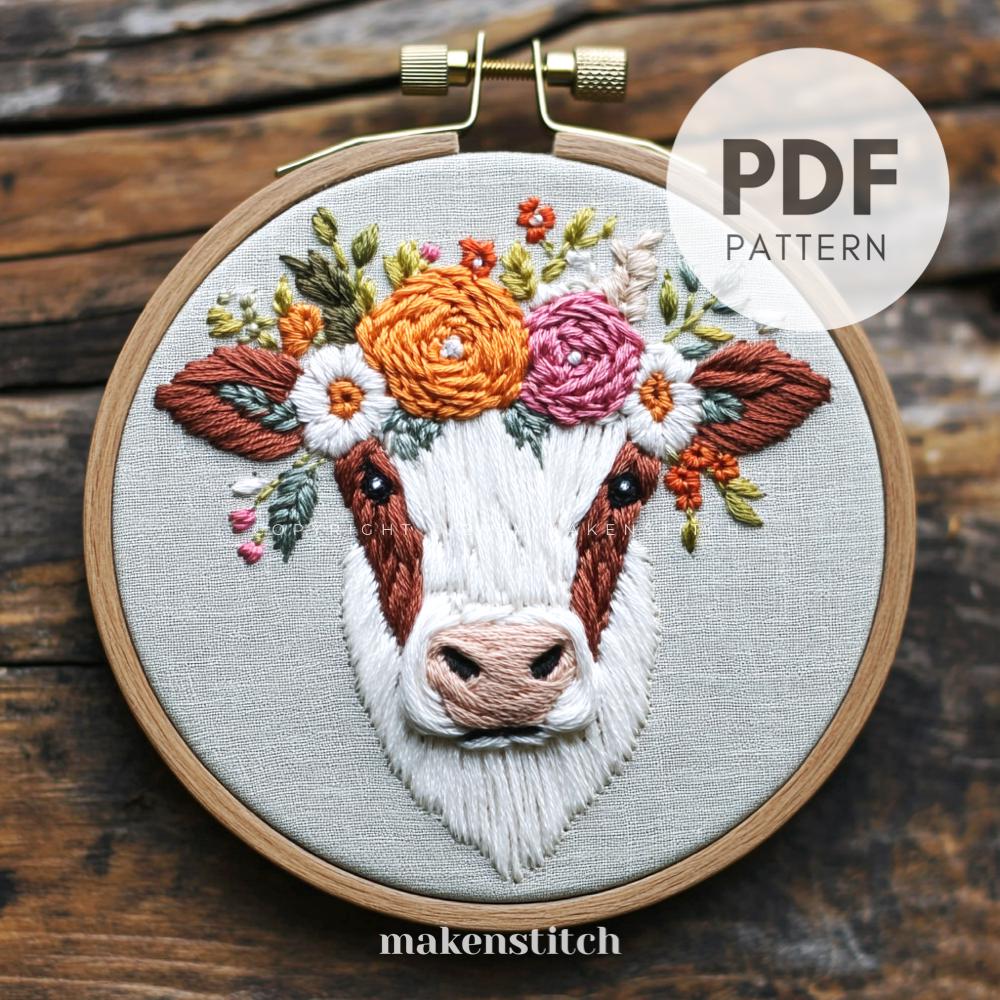 Floral Cow Hand Embroidery Pattern: Farmhouse Nursery Decor (PDF ...