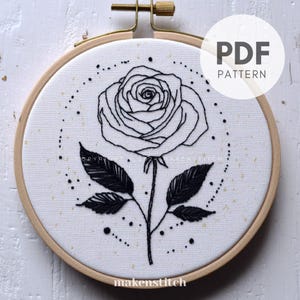 エレガントなバラの手刺繍パターン、モダンな花柄の手刺繍デザイン、植物刺繍、線画、初心者向け刺繍PDF