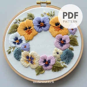Pansies Wreath Hand Embroidery Pattern, Pansies Embroidery Design, Spring Embroidery, Pastel Colors, Pansy Wreath, Hand Embroidery Template
