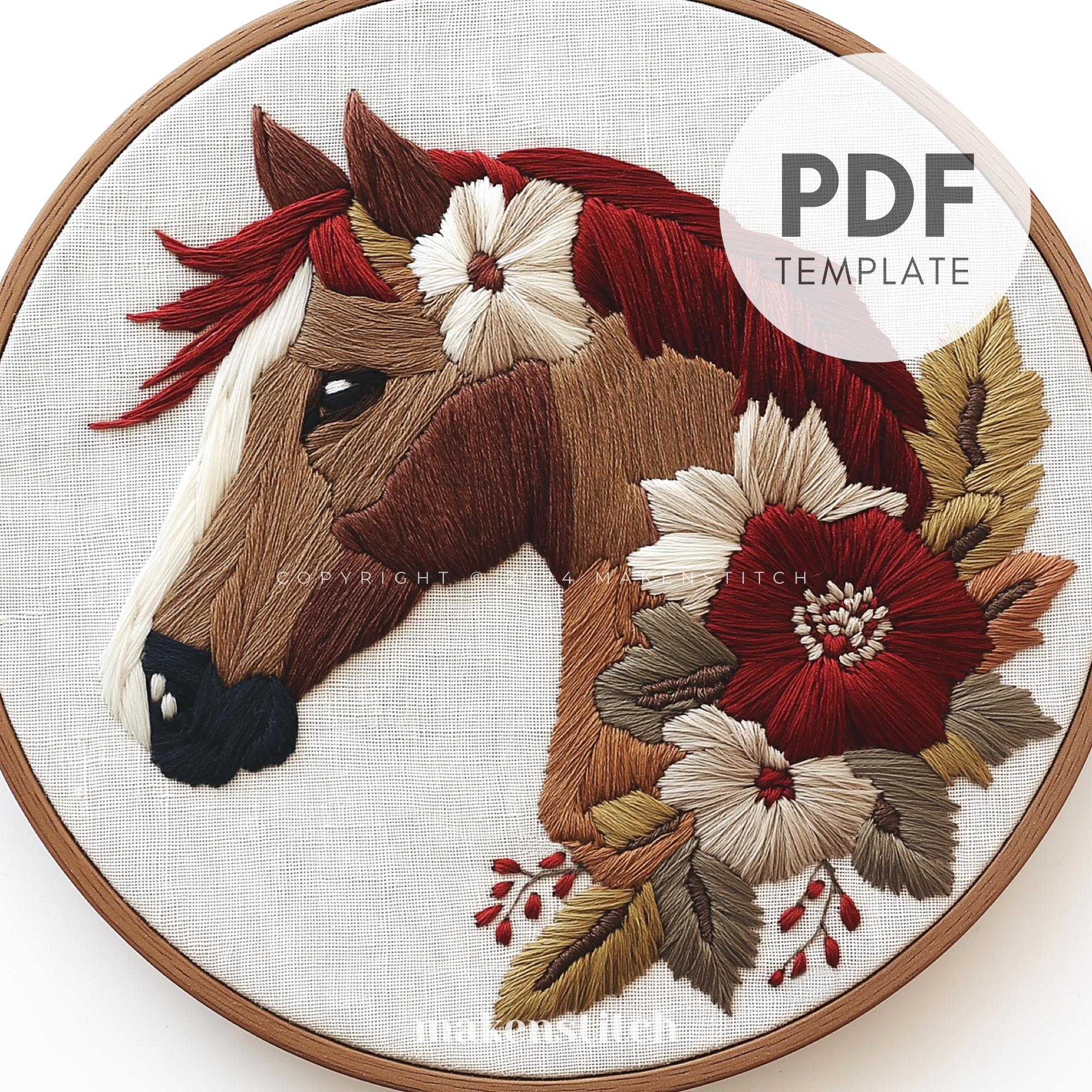 馬の刺繍パターン：花柄ファームハウス装飾（PDFパターン） - Etsy 日本