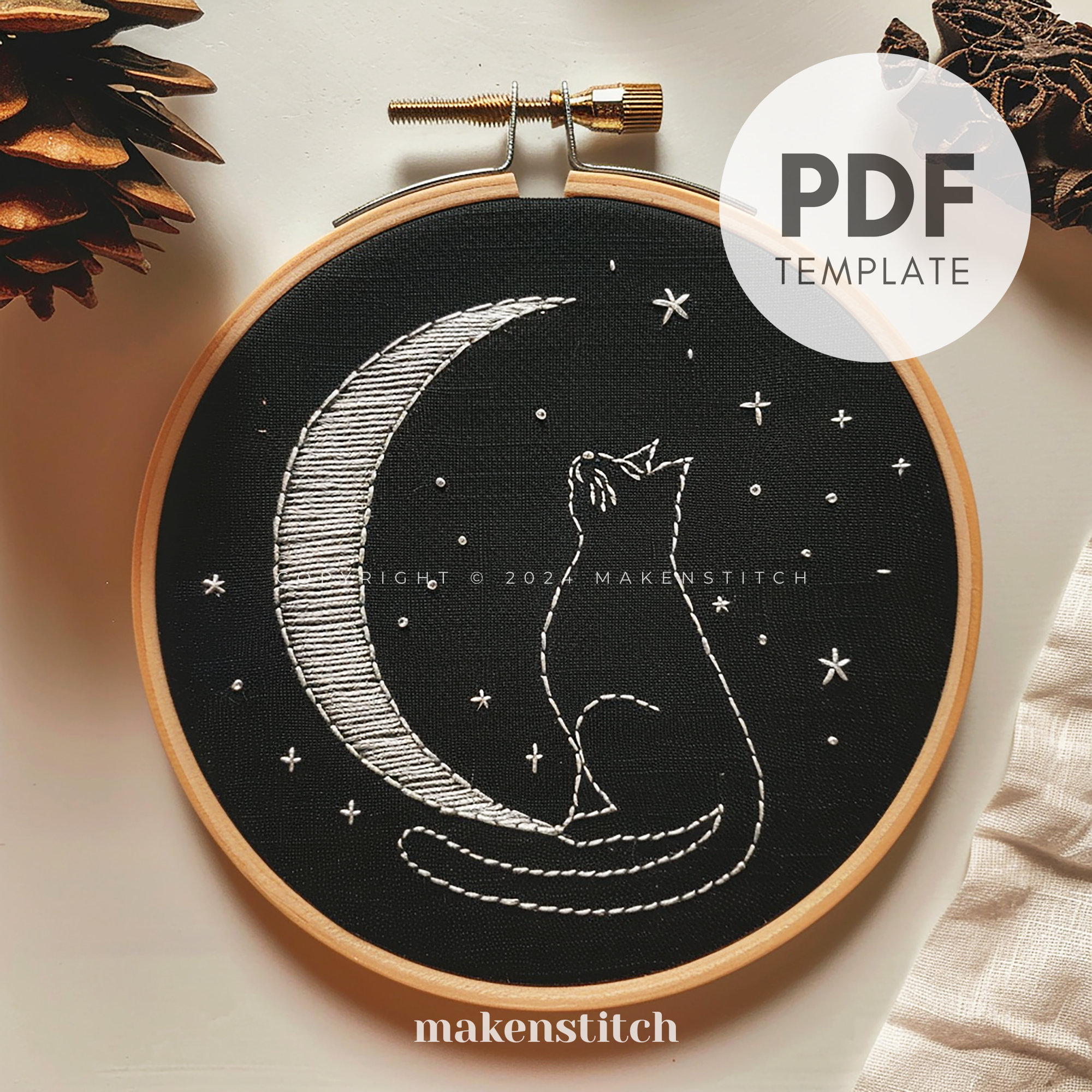 猫と月の手刺繍デザイン：初心者向けパターン（デジタルダウンロード