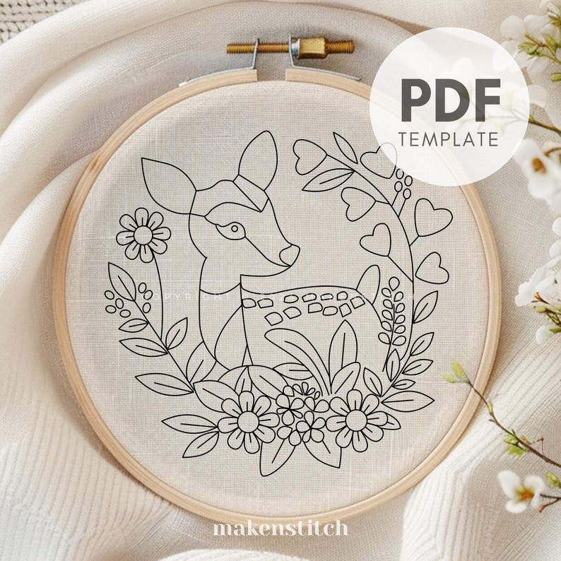 Baby Deer Floral Hand Embroidery Pattern: Woodland Animal (PDF Pattern ...