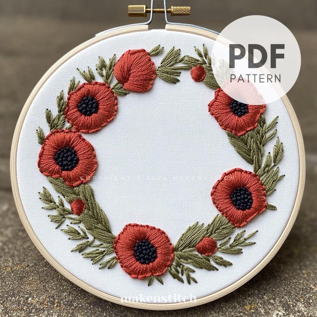 Poppy Wreath Hand Embroidery Pattern: Floral Design (PDF Pattern) - Etsy