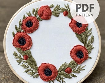Poppy Wreath Hand Embroidery Pattern: Floral Design (PDF Pattern)