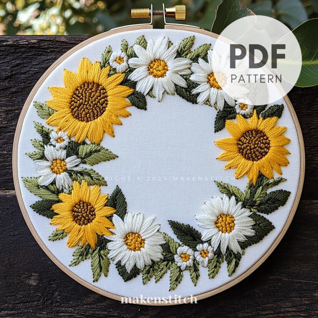 Sunflower Wreath Hand Embroidery Pattern: Daisies Flower Design (PDF ...
