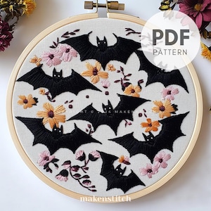 Halloween Bats Hand Embroidery Pattern, Halloween Embroidery Design, Floral Bat Embroidery Pattern, Autumn Flowers and Bats, Embroidery PDF