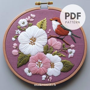 Bird and Floral Hand Embroidery Pattern PDF, Bird Embroidery Design, Cherry Blossom Embroidery, Pastel Home Decor, Gift for Bird Lovers
