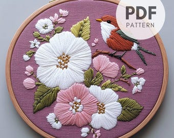 Bird and Floral Hand Embroidery Pattern PDF, Bird Embroidery Design, Cherry Blossom Embroidery, Pastel Home Decor, Gift for Bird Lovers