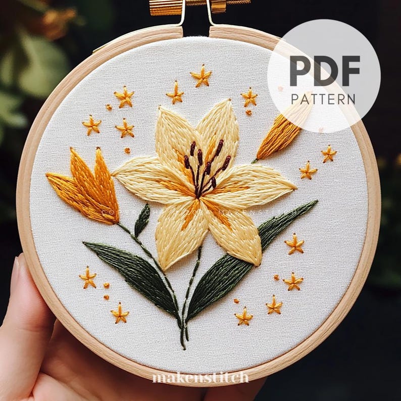 Yellow Lily Hand Embroidery Pattern: Floral Stars Design (PDF Download ...