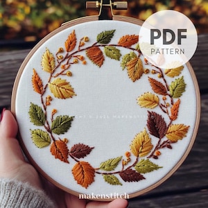 Autumn Leaves Wreath Embroidery Pattern PDF, Fall Foliage Hand Embroidery Design, Seasonal Pattern, Thanksgiving Embroidery, Harvest Gift