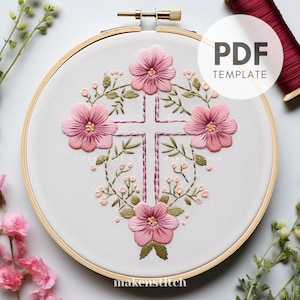 Pink Cross Hand Embroidery Pattern, Floral Cross Hand Embroidery Pattern, Faith Embroidery, Religious Embroidery, Hand Embroidery PDF