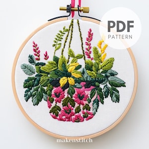 吊り下げ植物の手刺繍パターン、花の刺繍デザイン、ピンクの花と緑、バスケットの手刺繍 PDF、初心者向け