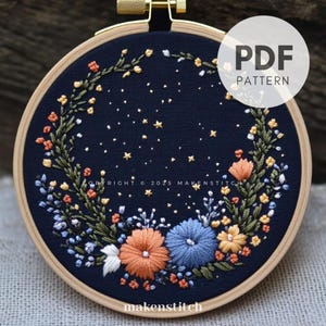 Patrón de bordado de corona celestial, diseño de bordado de corona floral, plantilla de bordado Cottagecore, patrón PDF, bordado para principiantes