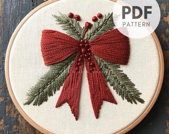 Christmas Bow Hand Embroidery Pattern, Holiday Bow Embroidery Pattern, DIY Christmas Decoration, Embroidery Pattern PDF