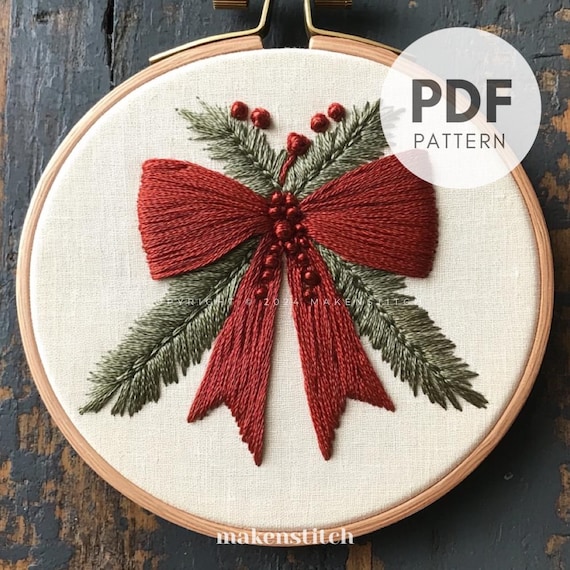 Christmas Bow Hand Embroidery Pattern: Holiday DIY Decor (PDF Pattern