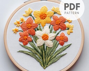 黄色い水仙の手刺繍パターン、水仙のパターン、水仙の刺繍、黄色い水仙