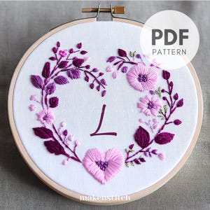 Diseño de bordado de la letra L para San Valentín, bordado de letras, monograma floral, bordado para San Valentín, bordado para bodas, descarga instantánea en PDF