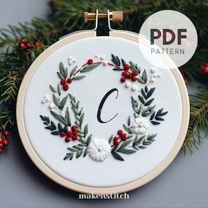 Letra C de Natal Bordado PDF, Design Inicial de Bordado à Mão, Presente Personalizado, Bordado de Monograma, Bordado à Mão DIY