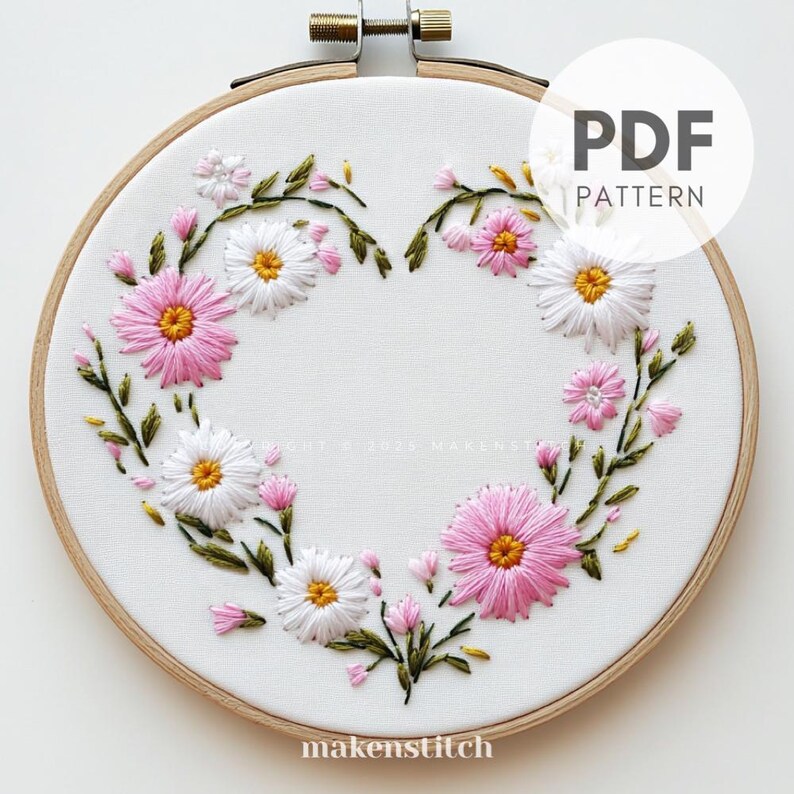 Daisy Heart Wreath Embroidery Pattern: Floral Hoop Art (PDF Pattern) - Etsy