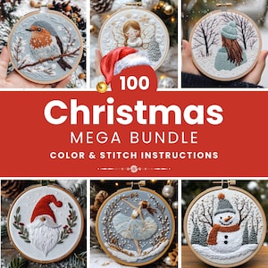 Weihnachts-Stickerei-Musterpaket 100 Designs PDF, Winter-Handstickerei, anfängerfreundlich, Weihnachtsmann-Schneemann-Engel-Rotkehlchen-Muster