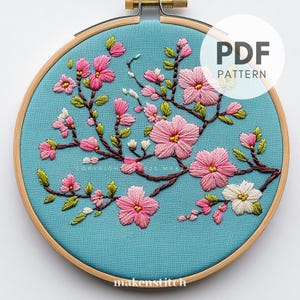 桜の刺繍パターンPDF、桜の枝の刺繍デザイン、春の花の壁飾り、ピンクの桜の花、刺繍テンプレート