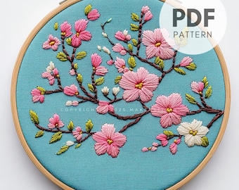 Cherry Blossom Embroidery Pattern PDF, Sakura Branch Embroidery Design, Spring Floral Wall Decor, Pink Sakura Flowers, Embroidery Template