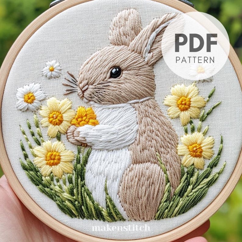 Easter Bunny Hand Embroidery Pattern: Spring Floral Design (digital ...