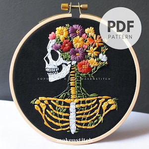 Halloween Skeleton Hand Embroidery Pattern, Skeleton Embroidery Design, Halloween Embroidery, Floral Skeleton Embroidery, Fall Embroidery