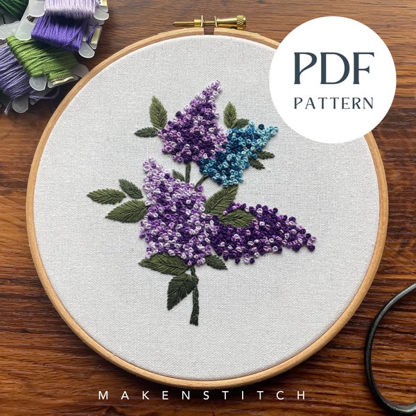 Lilac Embroidery Pattern + Video Tutorial | Floral embroidery pattern PDF | Beginner Embroidery | Embroidery PDF | Digital Pattern PDF