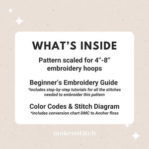 Pode incluir: Um cart&atilde;o branco com texto preto que diz "WHAT'S INSIDE" e lista o conte&uacute;do de um padr&atilde;o de bordado. O conte&uacute;do inclui um padr&atilde;o dimensionado para aros de bordado de 4 a 8 polegadas, um guia de bordado para iniciantes com tutoriais passo a passo, e c&oacute;digos de cores e um diagrama de pontos.