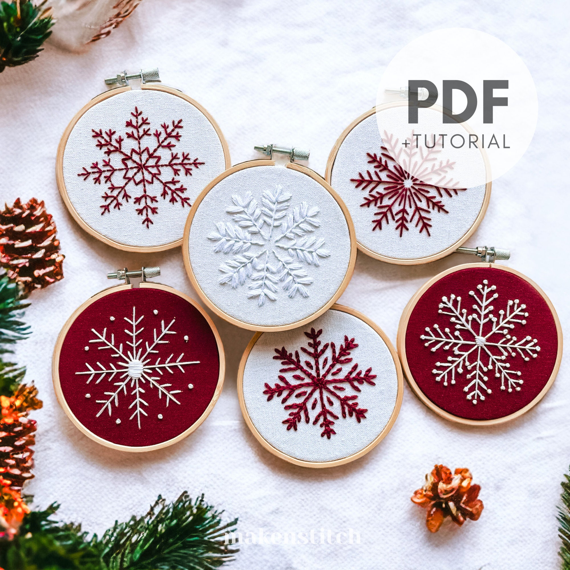 Snowflake Hand Embroidery Design, Set of 6 Ornaments, Snowflake Hand Embroidery Patterns, Winter Embroidery Pattern, Hand Embroidery PDF