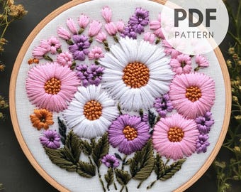 Pink Daisies Hand Embroidery Pattern: Modern Floral Design (PDF)