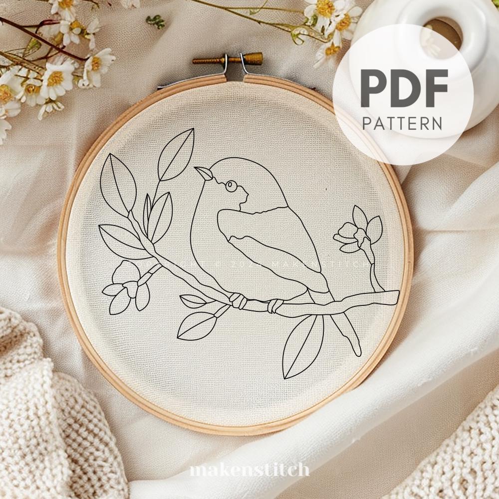 Blue Bird Hand Embroidery Pattern, Spring Bird Embroidery Design