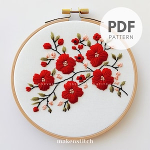 Schema per ricamo a mano di un ramo floreale rosso in formato PDF, disegno per ricamo floreale, ricamo a mano per principianti, decorazioni estive fai da te per la casa, regalo per la festa della mamma