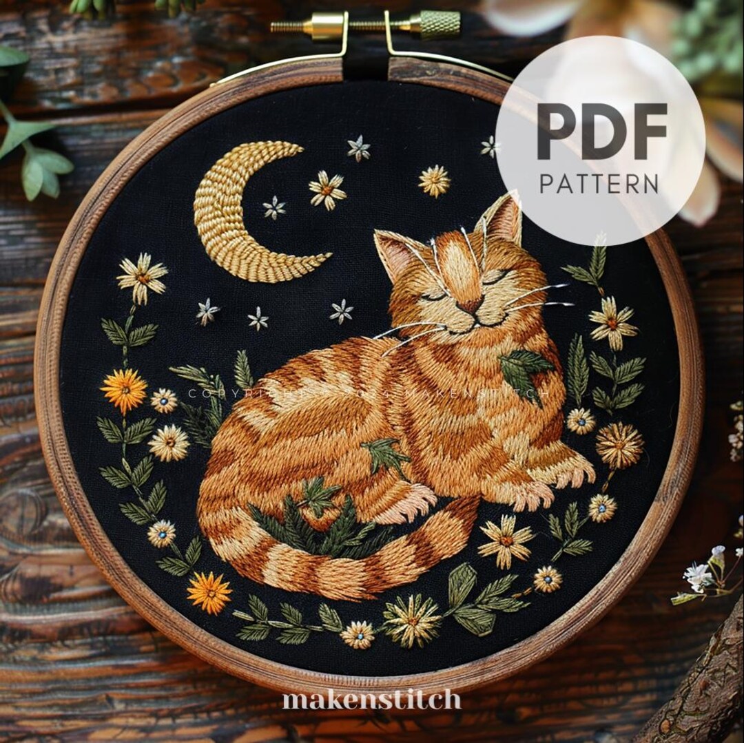 Toby Cat Pattern Tabby Cat Embroidery Pattern: Moonlit Floral Design (PDF Pattern) - Etsy
