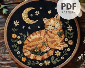 Tabby Cat Hand Embroidery Pattern, Moonlit Cat Embroidery Design, Ginger Tabby with Flowers, Cat Night Scene, Hand Embroidery PDF