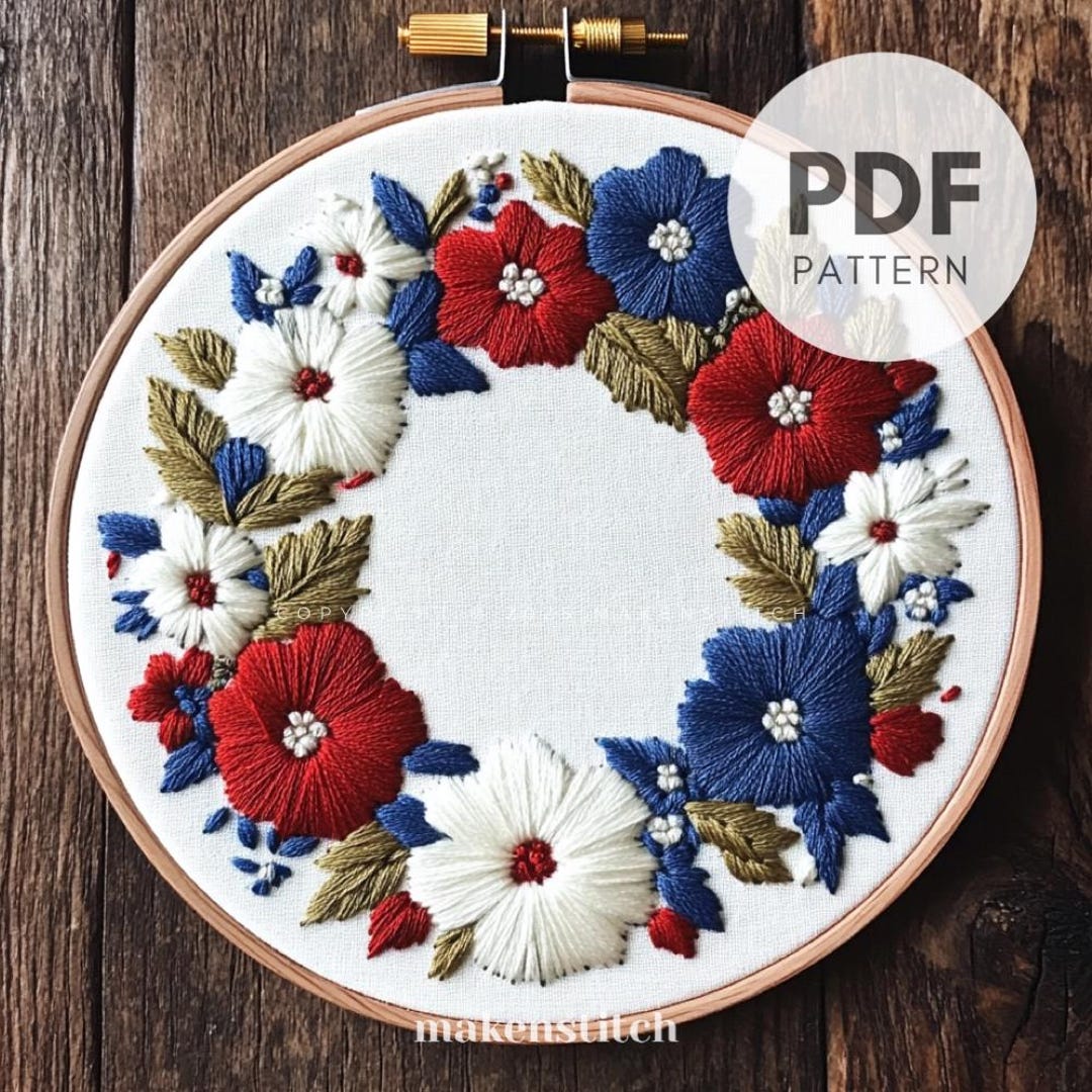 4th of July Floral Hand Embroidery Pattern PDF, Red White Blue Wreath ...