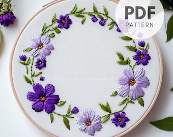 Violet Embroidery Pattern PDF, Floral Hand Embroidery Design, Purple Flower Embroidery Design, Violet and Lavender Wreath, Flower Lover Gift